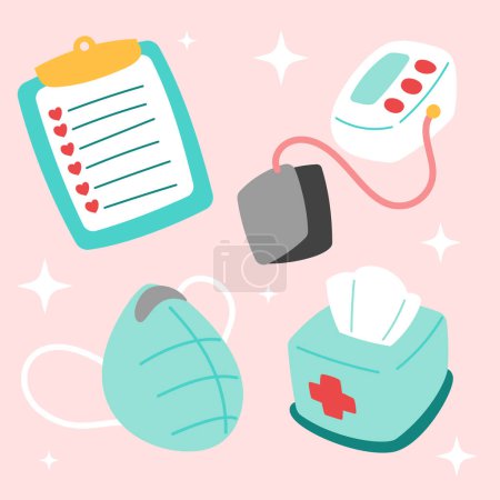 Illustration for Cute medical sticker set. Hand drawn healthcare cartoon doodle mask blood preassure monitor. Bundle of nursery kid graphic print for hospital clinic pharmacy emergency doctor clip art vector - Royalty Free Image