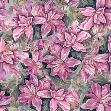 Photo for Seamless watercolor pattern ornament with lily flowers - Royalty Free Image