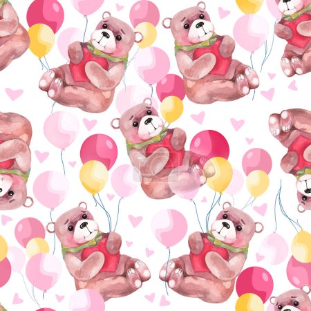 pattern with teddy bears and color balloons, hearts, baby kids textile backdrop,