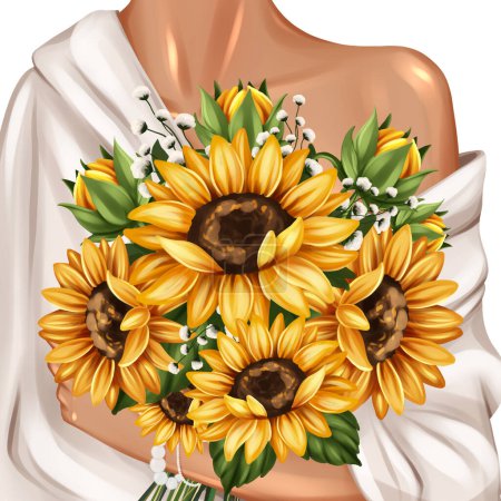 Foto de Girl holding sunflowers bouquet close up. Hand drawn fashion illustration - Imagen libre de derechos