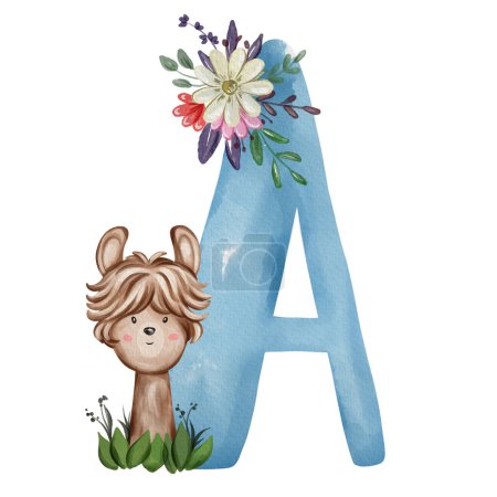 Animal nursery alphabet. A is for Alpaca. Hand drawn watercolor alphabet letters