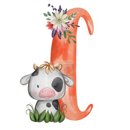 Animal nursery alphabet. C is for Cow. Hand drawn watercolor alphabet letters