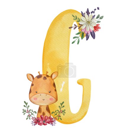 Animal nursery alphabet. G is for Giraffe. Hand drawn watercolor alphabet letters