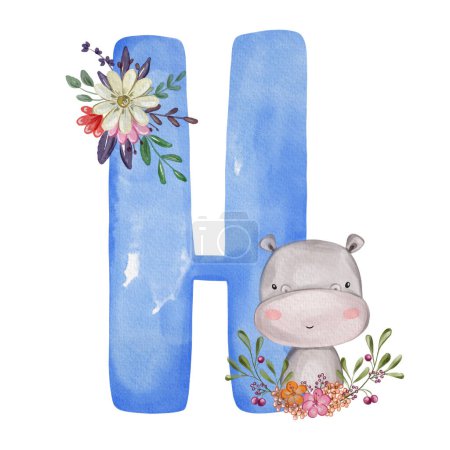 Animal nursery alphabet. H is for Hippo. Hand drawn watercolor alphabet letters