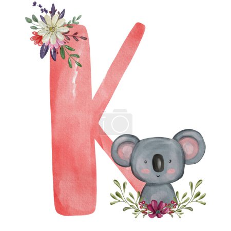 Animal nursery alphabet. K is for Koala. Hand drawn watercolor alphabet letters