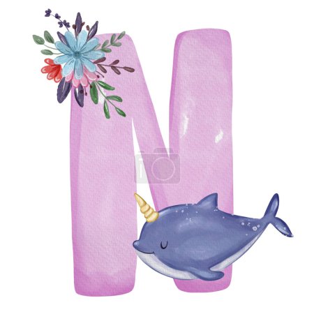 Animal nursery alphabet. N is for Narwhal. Hand drawn watercolor alphabet letters