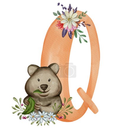 Animal nursery alphabet. Q is for Quokka. Hand drawn watercolor alphabet letters
