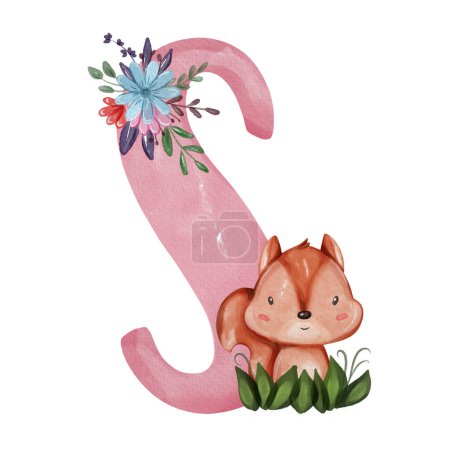 Animal nursery alphabet. S is for Squirrel. Hand drawn watercolor alphabet letters