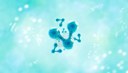 Foto de Modelo de átomo azul de moda en azul líquido o burbuja de aire.Fondo abstracto.3d Ilustración de moléculas. Estructuras químicas h2o.Lighr Azul burbujas transparentes.Colágeno circular.Seguridad de la piel y la barrera - Imagen libre de derechos