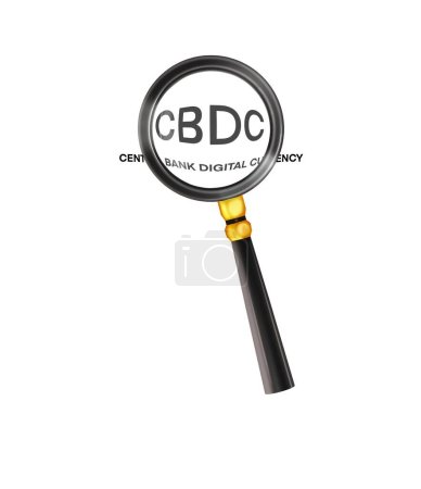 CBDC under a magnifying glass isolated on white background.3d rendering magnifying. Study, inspection, research of central bank digital currency. Currency of the future, blockchain, futurism. High
