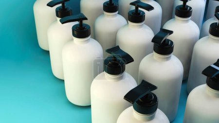 Ilustración 3d jabón líquido botellas blancas vista superior. Frascos de jabón de plástico blanco en filas. ilustración 3d de alta calidad