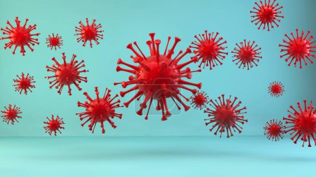 Bannière avec des cellules virales Illustration 3D. Cellules covidées rouges sur fond bleu. vue microscopique des cellules virales flottantes de la grippe. Fond avec des globules rouges 3d réalistes. Haute qualité 3d