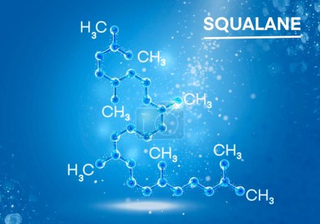 3D-Illustration eines Squalen-Moleküls, eines volumetrischen Atommoleküls. Chemische Kosmetik auf dem Podium mit Beleuchtung von oben. Moleküle in glühenden Teilchen auf blauem Hintergrund. Hoch
