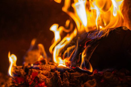Foto de Escena cálida y acogedora de la chimenea: troncos de madera en llamas en la tierra - Imagen libre de derechos