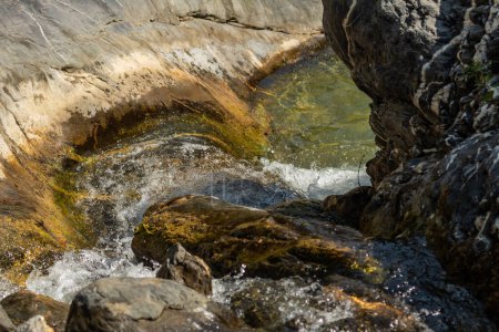 Sunlight dances across a lively mountain stream as it tumbles over weathered rocks, carving through a natural stone basin in a display of nature's enduring artistry