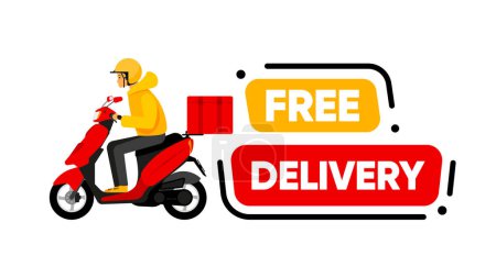 Illustration for Free Delivery banner. Scooter with a man delivering an order. Delivery concept. Vector illustration - Royalty Free Image