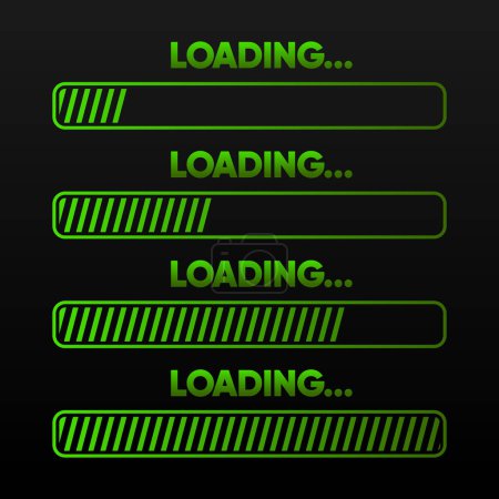 Téléchargez les illustrations : Loading indicator, green loading signs in different progress. System software update concept. Vector illustration - en licence libre de droit