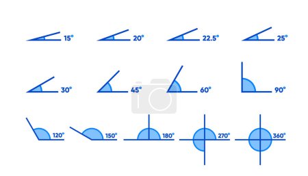 Illustration for Collection Mathematics Angles. 22.5, 30, 45, 60, 90, 120, 150, 180, 270 and 360 degree icon set. Different angles degrees icon set. Vector illustration - Royalty Free Image