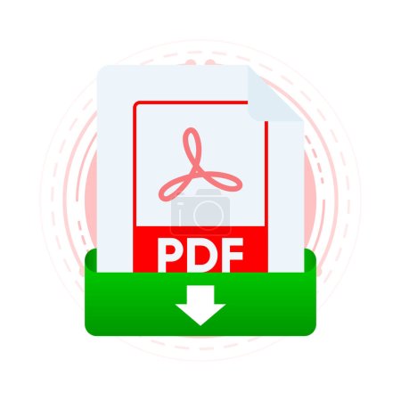 Ilustración de Download PDF file with label on laptop screen. Downloading document concept. View, read, download PDF file on laptops and mobile devices. Vector illustration - Imagen libre de derechos