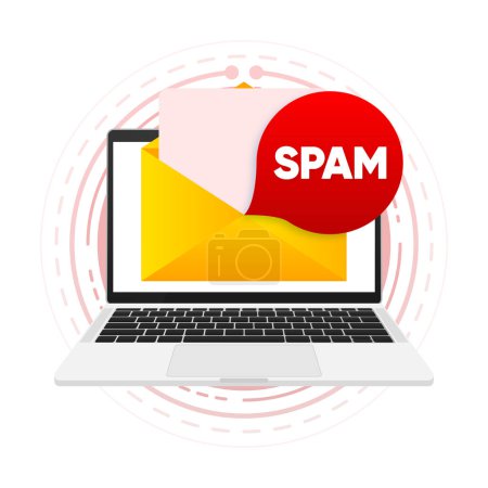 Ilustración de Spam email. Concept of virus, piracy, hacking and security. Mailbox hacking, spam warning. Vector illustration - Imagen libre de derechos