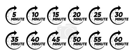 Illustration for 10, 15, 20, 25, 30, 35, 40, 45, 50 min. Timer, clock, stopwatch isolated set icons. Kitchen timer icon with different minutes. Cooking time symbols. Great design for any purposes. Vector illustration - Royalty Free Image