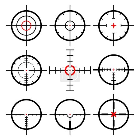 Collection of Goals and Destinations. Aim and purpose, targeting and aiming. Futuristic optical aim. Collimator sight, gun targets focus range indication. Vector illustration