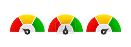 Ilustración de Speedometer and gauge meter collection. Vector scale, level of performance. Green and red, low and high level with arrows. Score progress concept. Vector illustration - Imagen libre de derechos