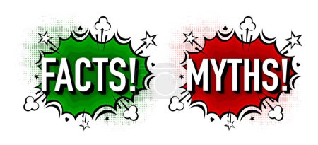 Illustration for Green Facts and red Myths banner in pop style in boom bubble. Simple facts and myths sign, true and false. Vector illustration - Royalty Free Image