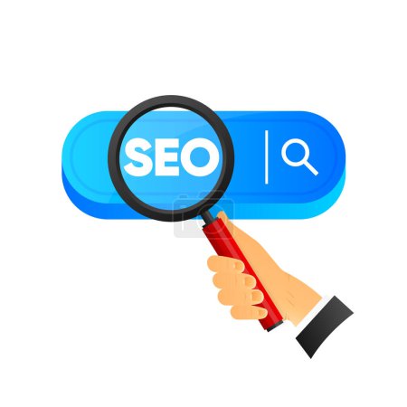 Illustration for SEO Search optimization concept. Magnifying glass on search bar. SEO concept. Vector illustration - Royalty Free Image