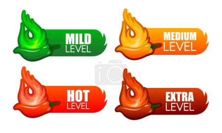 Téléchargez les illustrations : Spicy hot chili pepper. Label or sticker collection with flame and rating of spicy. Spicy food levels concept. Mild, medium hot and hell level of pepper. Vector illustration - en licence libre de droit
