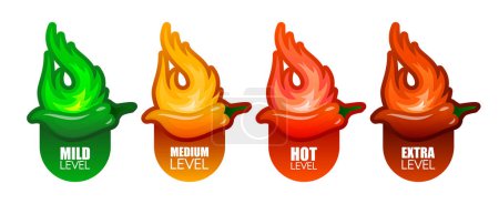Téléchargez les illustrations : Spicy hot chili pepper. Label or sticker collection with flame and rating of spicy. Spicy food levels concept. Mild, medium hot and hell level of pepper. Vector illustration - en licence libre de droit