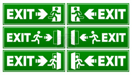 Illustration for Emergency fire exit sign. Evacuation fire escape door. Emergency exit concept. Arrow for exit route. Vector illustration - Royalty Free Image