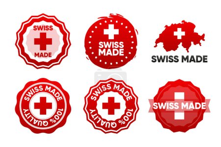 Große Auswahl an Made in Switzerland-Etiketten. Die Schweizer haben Abzeichen gesammelt. Briefmarkenvorlagen aus der Schweiz. Vektorillustration