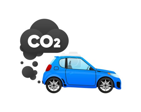 Emisiones de CO2, emisiones de dióxido de carbono, contaminación por smog, contaminante del humo. El coche emite dióxido de carbono, contaminando el medio ambiente. Ilustración vectorial