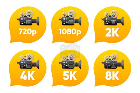 Illustration for 8K, 5K, 4K UHD, Quad HD, Full HD and HD resolution nameplates of gold gradient color. Cinema Camera. TV symbols and icons. Vector illustration - Royalty Free Image