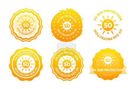 Briefmarkensammlung LSF 50 für Sonnenschutz. UVA und UVB. Lichtschutzfaktor 50 plus, UV-Schutzlotion und Cremeverpackungsetikett. Vektorillustration