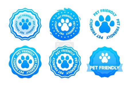 Haustierfreundlich. Sammelmarken für Pfote oder Hund. Pet Pfote Symbol. Tierklinik, Ladenschild, Aufkleber, Logo. Vektorillustration