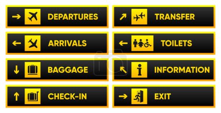 Illustration for Airport sign departure arrival travel icon. Airport board airline sign, gate flight information. Various signs for airport visitors. Airport infrastructure. Vector illustration - Royalty Free Image