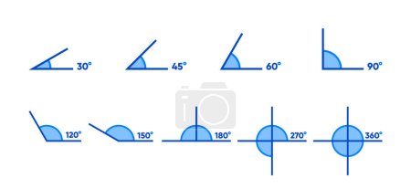 Collection Mathematics Angles. 30, 45, 60, 90, 120, 150, 180, 270 and 360 degree icon set. Different angles degrees icon set. Vector illustration