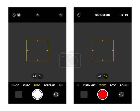 Illustration for Camera interface on smartphone screen. Photo, video ui in mobile phone. Application for recording. Photo and video shooting. Viewfinder, focus and button record. Vector illustration - Royalty Free Image