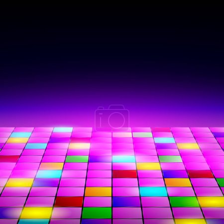 Dance floor amongst open space. Night disco party. Neon retro dance floor background. Vector illustration
