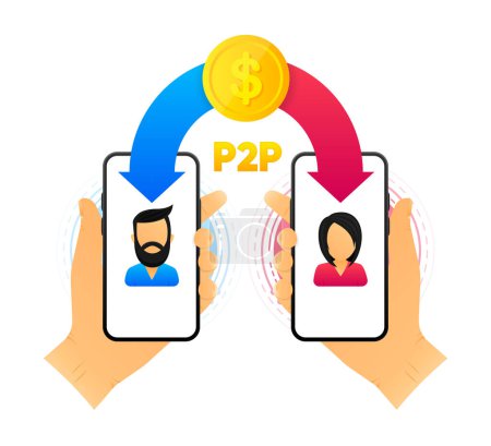Peer to peer trading. P2P lending. Cryptocurrency. Virtual transaction between two users. Modern style. Vector illustration