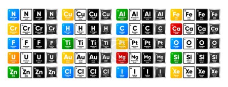 Elementos químicos de la tabla Mendeleev. Elementos químicos de colección en estilo diferente. Ilustración vectorial