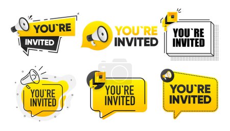 Illustration for You Are Invited. Megaphone label collection with text. Marketing and promotion. Vector Illustration - Royalty Free Image