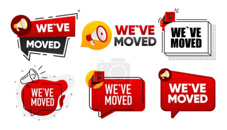 We Have Moved. Megaphone label collection with text. Marketing and promotion. Vector Illustration