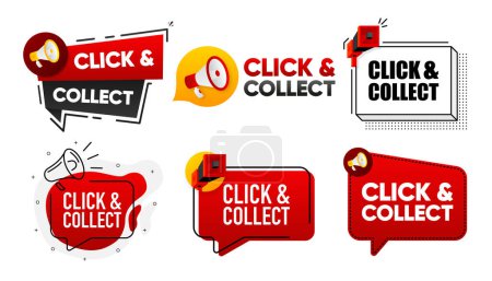 Click and Collect. Megaphone label collection with text. Marketing and promotion. Vector Illustration