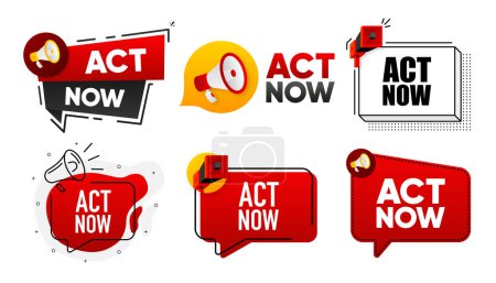 Act Now. Megaphone label collection with text. Marketing and promotion. Vector Illustration