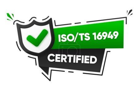 Ilustración de ISO TS 16949 Placa certificada. Banner aislado sobre fondo blanco. Etiqueta de certificación. Ilustración vectorial - Imagen libre de derechos