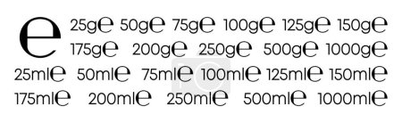 Berechnung E-Zeichen mit korrekten Abmessungen gemäß EU-Richtlinie. Kennzeichnungen für die Verwendung von Gewichten und Volumen für Lebensmittel- und Kosmetiketiketten. Vektorillustration