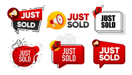 Just Sold. Megaphone label collection with text. Marketing and promotion. Vector Illustration